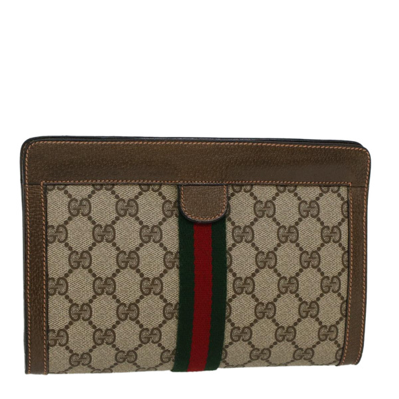 GUCCI GG Canvas Web Sherry Line Clutch Bag Beige Red Green 89.01.001 Auth yk7287 - Picture 1 of 16